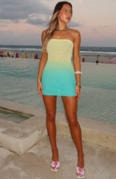 Hotter Than The Sun Crochet Mini Dress Lemon/Teal Ombre